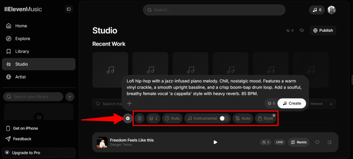 Adjusting the settings when generating a song with Eleven Music.