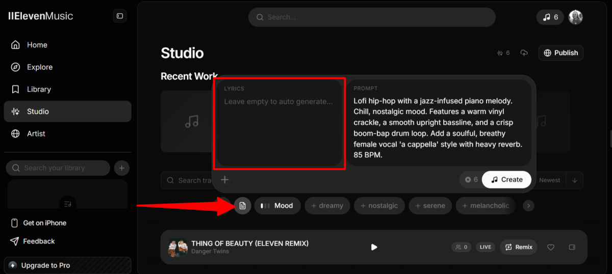 Leaving the lyrics field empty for the AI to automatically generate lyrics in Eleven Music.