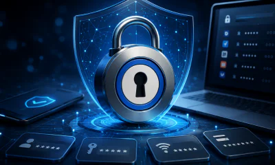 A lock with a shield behind it protecting passwords.