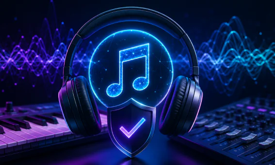 A music note with headphones that is legally protected.