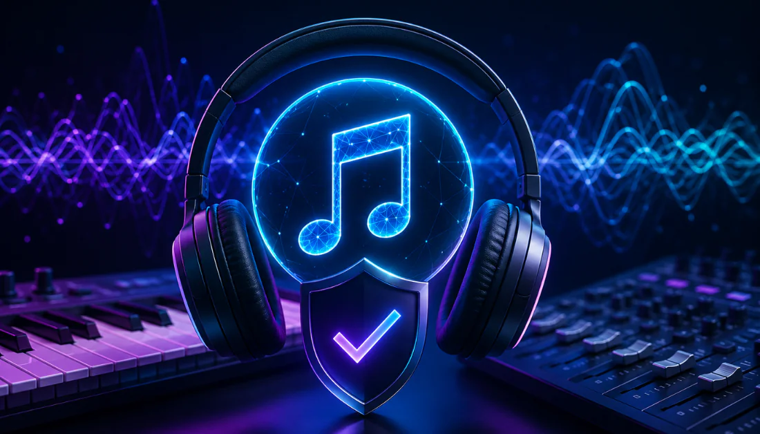 A music note with headphones that is legally protected.
