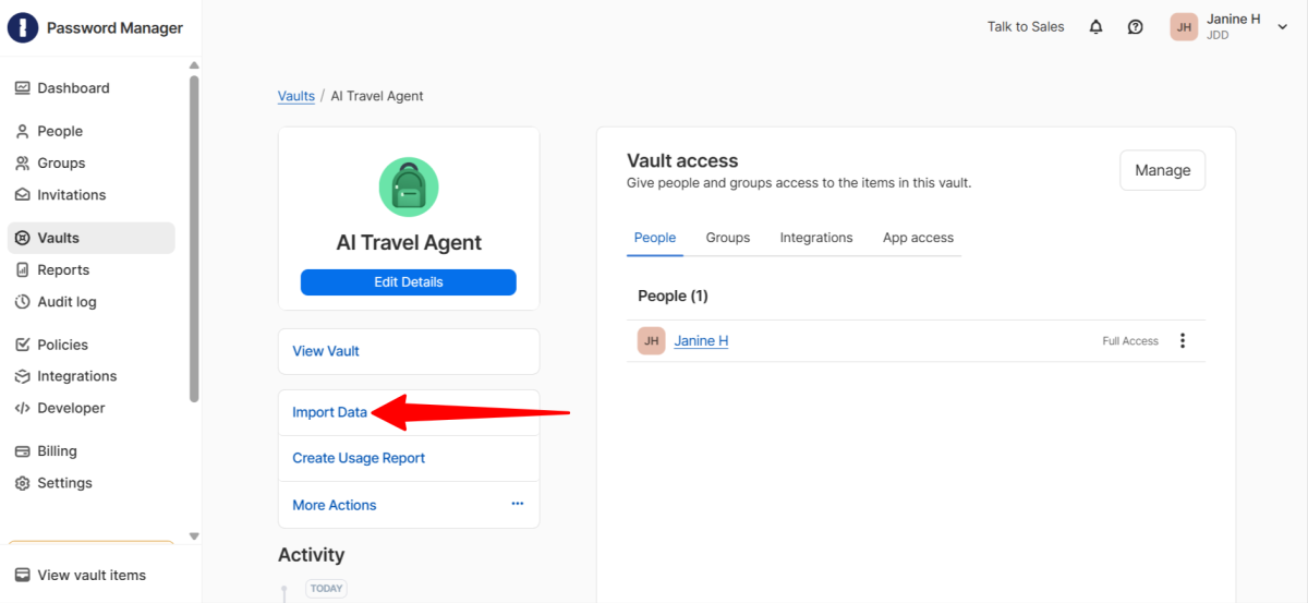 Importing data to a custom vault within 1Password.
