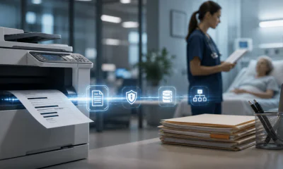AI-secured document workflow in a hospital office, with a printer processing redacted patient files through encrypted digital routing.