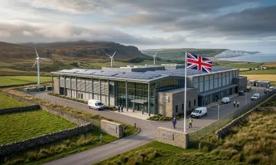 An aerial view of a large, modern British data center with solar panels and wind turbines, nestled within rolling green fields bordered by stone walls near white coastal cliffs, featuring prominent Union Jack flags.