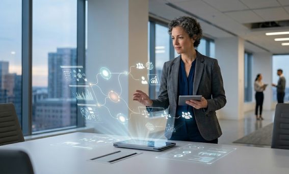 A professional woman in a modern office environment interacting with a holographic interface displaying data nodes and collaborative icons above a tablet.
