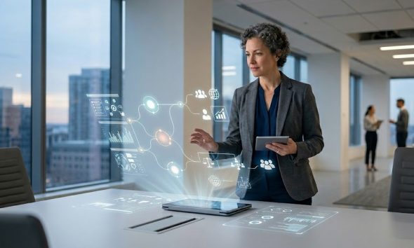 A professional woman in a modern office environment interacting with a holographic interface displaying data nodes and collaborative icons above a tablet.