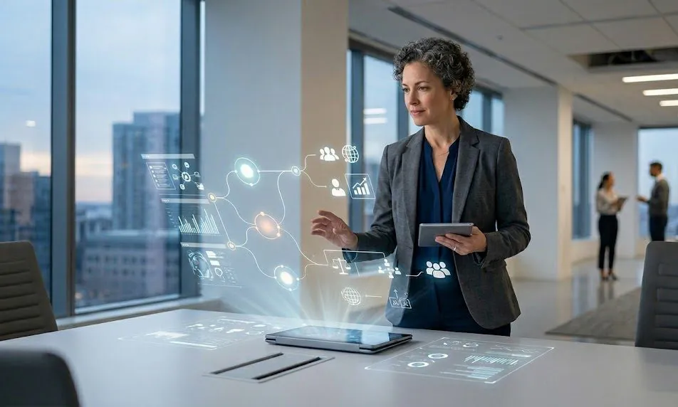 A professional woman in a modern office environment interacting with a holographic interface displaying data nodes and collaborative icons above a tablet.