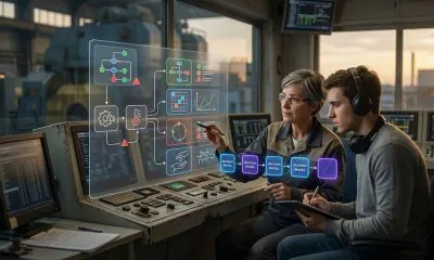 A human expert in a technical control room teaching an AI system to make complex decisions through a holographic interface.