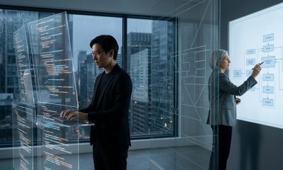 A photorealistic split-view image showing a young developer typing on a glass keyboard with glowing code interfaces on the left, and a senior female architect reviewing a structural system diagram on a white wall to the right. Both are in a modern, high-rise office overlooking a city at dusk.