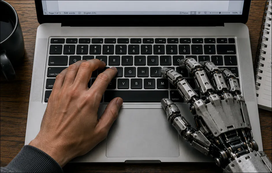 AI-generated image (GPT-2): Overhead view of a laptop on a wooden desk, with a human left hand and an industrial robotic right hand positioned on the keyboard, a text document open on the screen, and a notebook, pen, and coffee mug visible beside the computer.