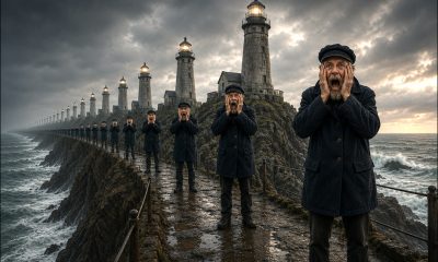 AI-generated image (GPT-2): Infinite identical lighthouse keepers stand screaming along a rain-soaked stone causeway above a violent sea, while matching lighthouses repeat into the distance beneath dark storm clouds, creating a photoreal recursive landscape.