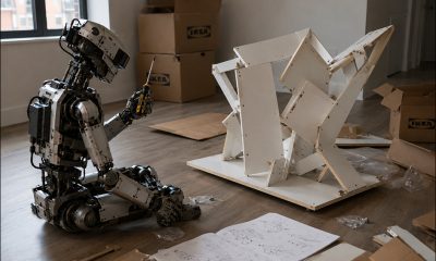 AI-generated image (GPT-2): An industrial humanoid robot sits on the floor of a sparsely furnished apartment beside a grotesquely malformed piece of self-assembled furniture, holding a screwdriver while studying the collapsed structure amid IKEA boxes, scattered components, and assembly instructions.