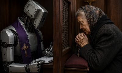 AI-generated image (GPT-2): 'An elderly woman kneels in a dim confessional, quietly confessing through the lattice, while on the other side an industrial-faced robot, draped in a priest’s stole, records her words in a notebook, turning an act of private absolution into an act of observation and capture.'