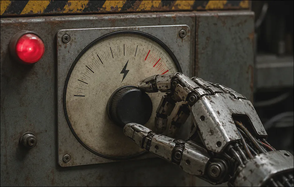 AI-generated image (GPT-2): A worn industrial robot hand turns a voltage control dial toward its red danger range on an old electrical panel marked with a lightning-bolt symbol.