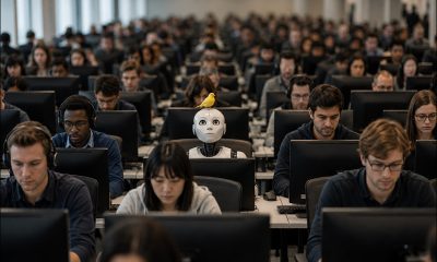 AI-generated image (GPT-2): Rows of human workers focus on their computer screens while a distracted robot, seated among them, tries to look up at a yellow canary perched on its head.