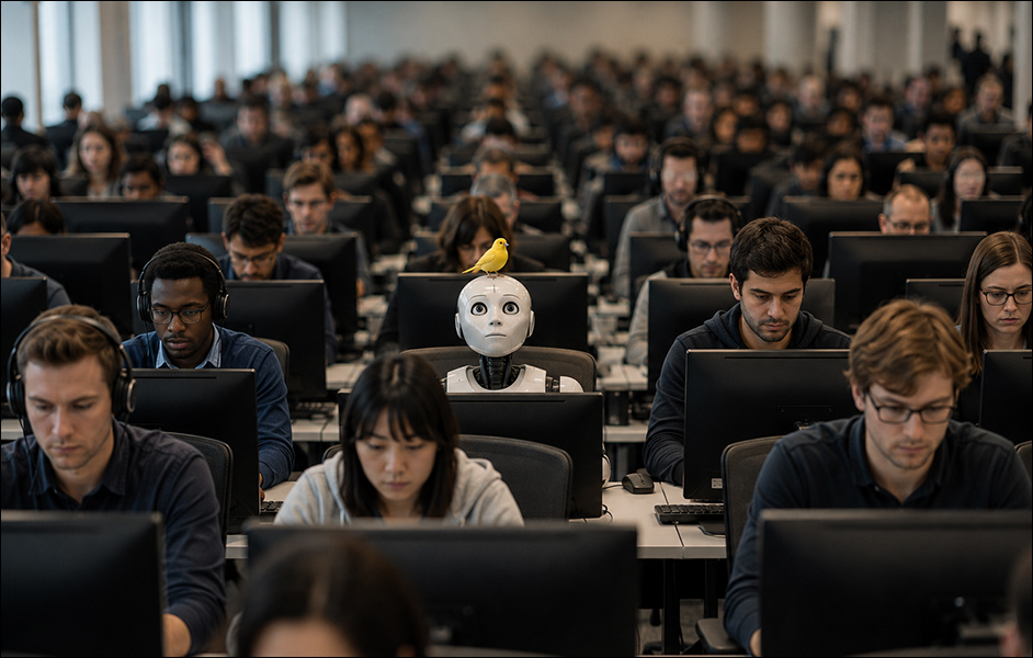 AI-generated image (GPT-2): Rows of human workers focus on their computer screens while a distracted robot, seated among them, tries to look up at a yellow canary perched on its head.