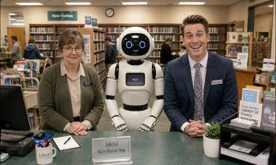 AI-generated image (GPT-2): Three very different library staff members, a traditional librarian, a friendly service robot, and a salesman-like attendant, compete for a visitor's attention at a public library help desk.