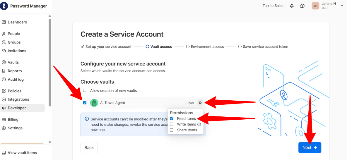 Setting the vault permission to Read Items when creating a Service Account on 1Password.