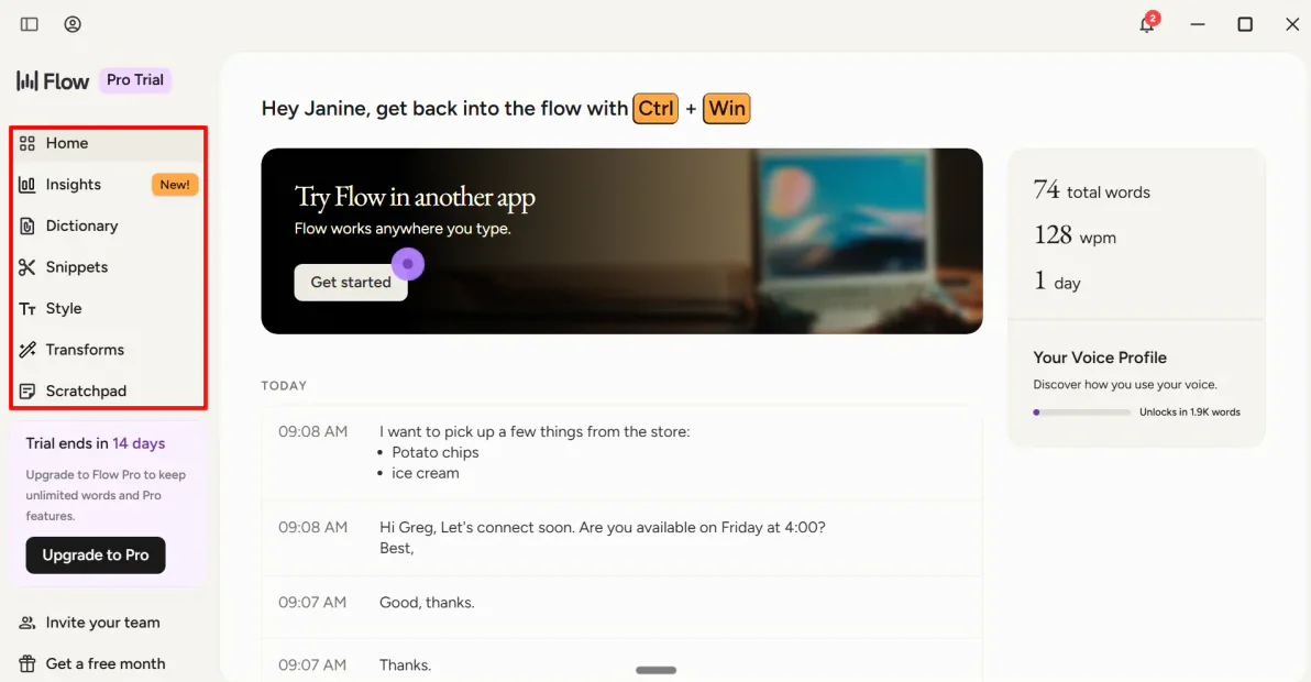 Features in the navigation bar on Wispr Flow.