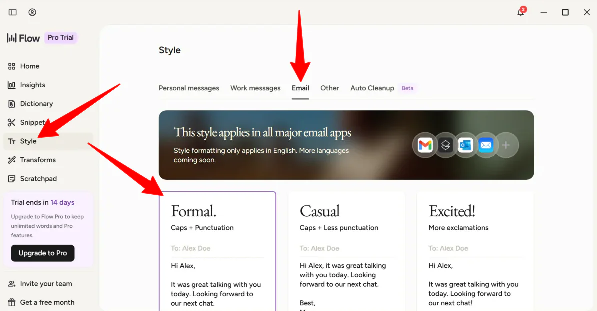 Choosing a formal tone in the Wispr Flow Style tab.