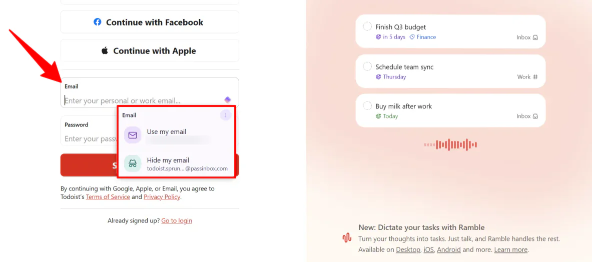 Proton Pass autofilling an empty email field when signing up for an account on a website.