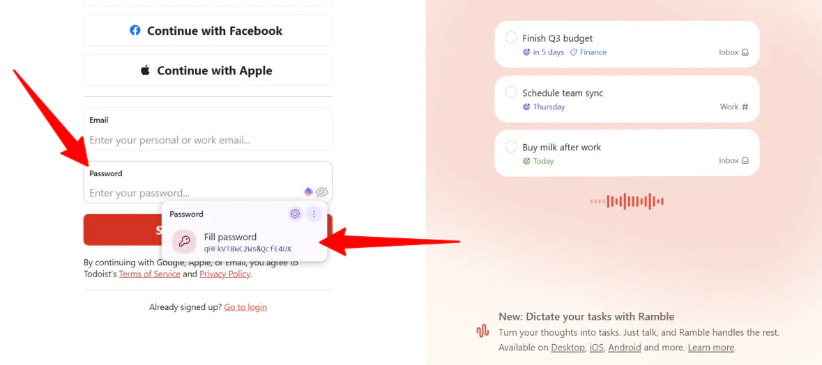 Autofilling a password with Proton Pass when craeting a new account on a website.