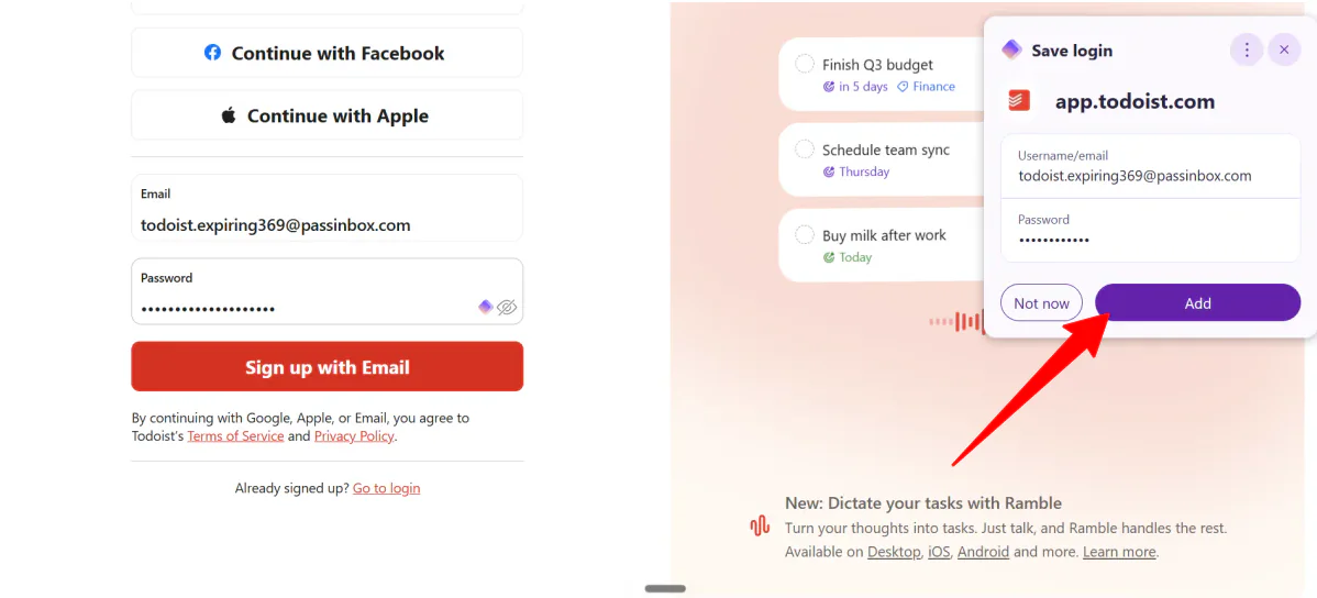 Adding an email and password to Proton Pass with the Chrome extension.