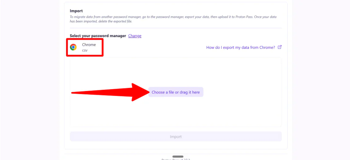Uploading a file to import data from a password manager.