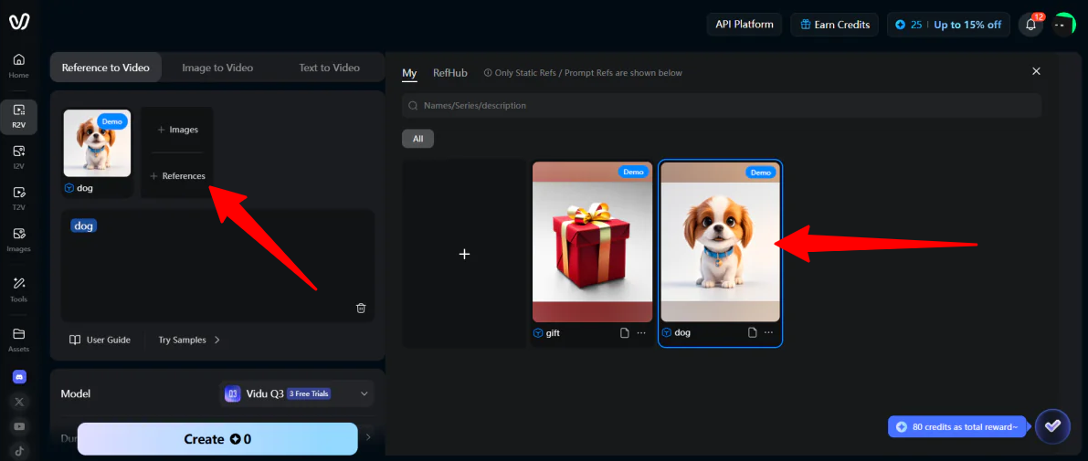 Selecting the dog asset reference in Vidu AI.
