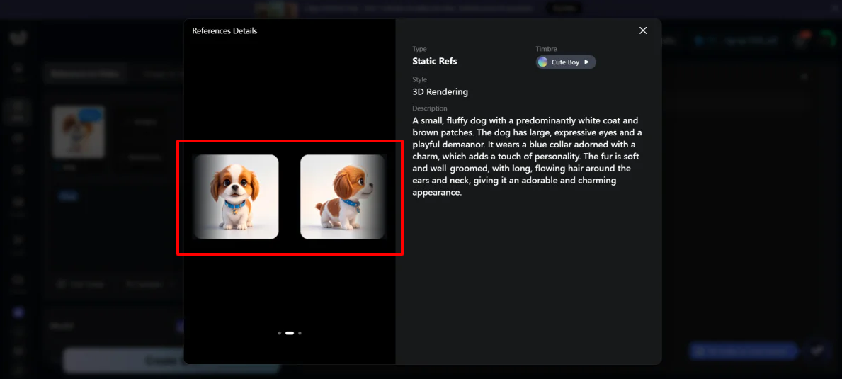 Two photos from a three photo asset pack of a cartoon dog in Vidu.