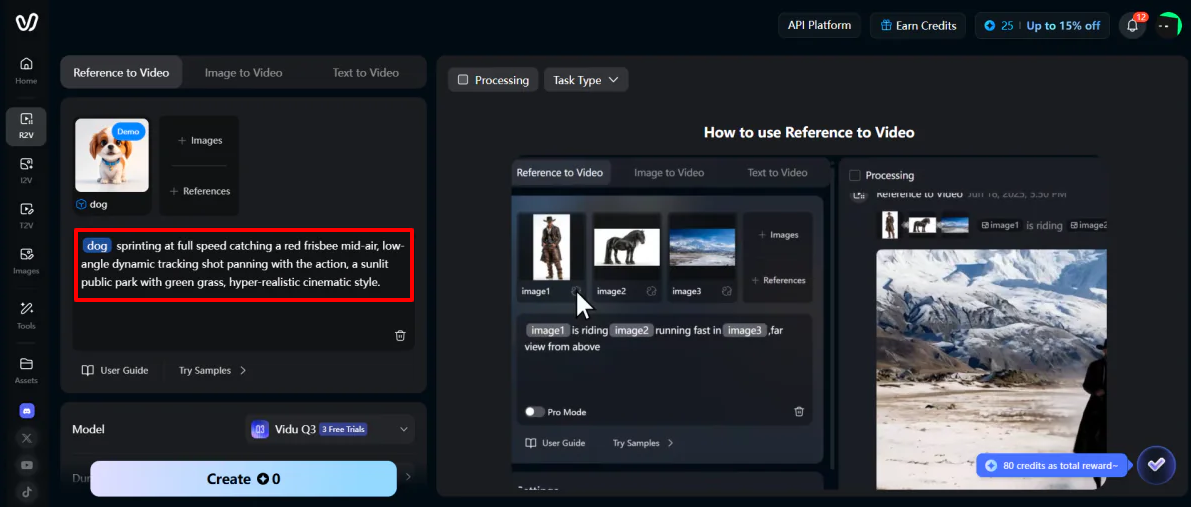 A prompt when generating a Reference to Video on Vidu.
