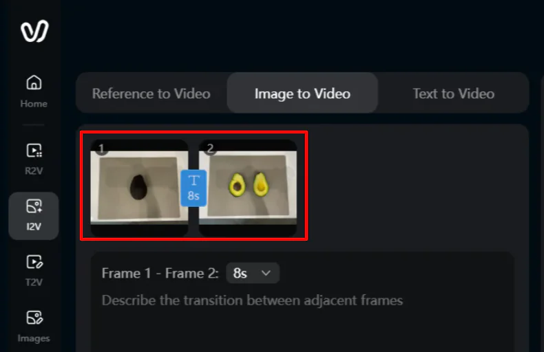 Uploading two images of an avocado to the Image to Video tools on Vidu AI.