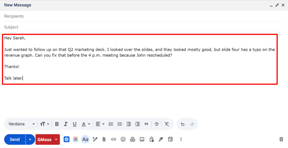 The body of an email written with Wispr Flow speech-to-text.