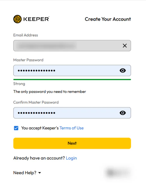Creating a Master Password when creating an account with Keeper Password Manager.