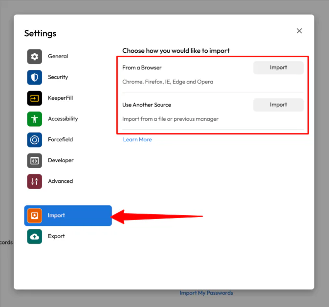 Importing passwords to a Keeper vault.