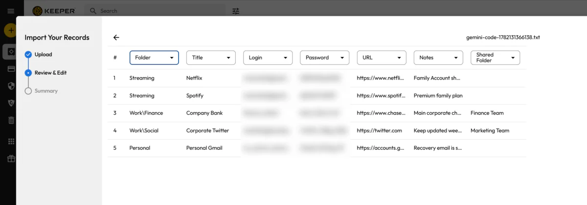 Importing a TXT file of passwords to Keeper Password Manager.