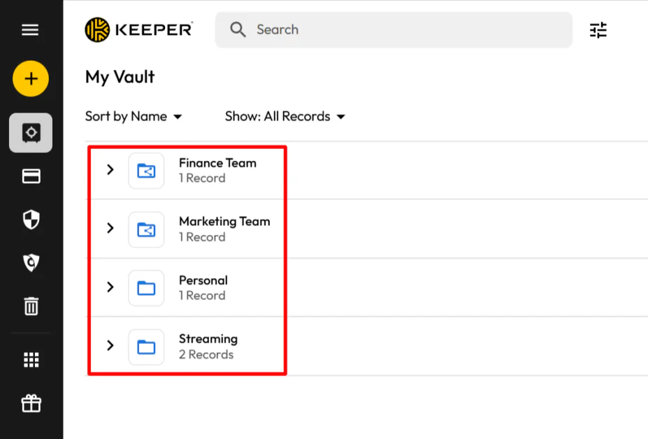 Password credentials organized into folders in Keeper.