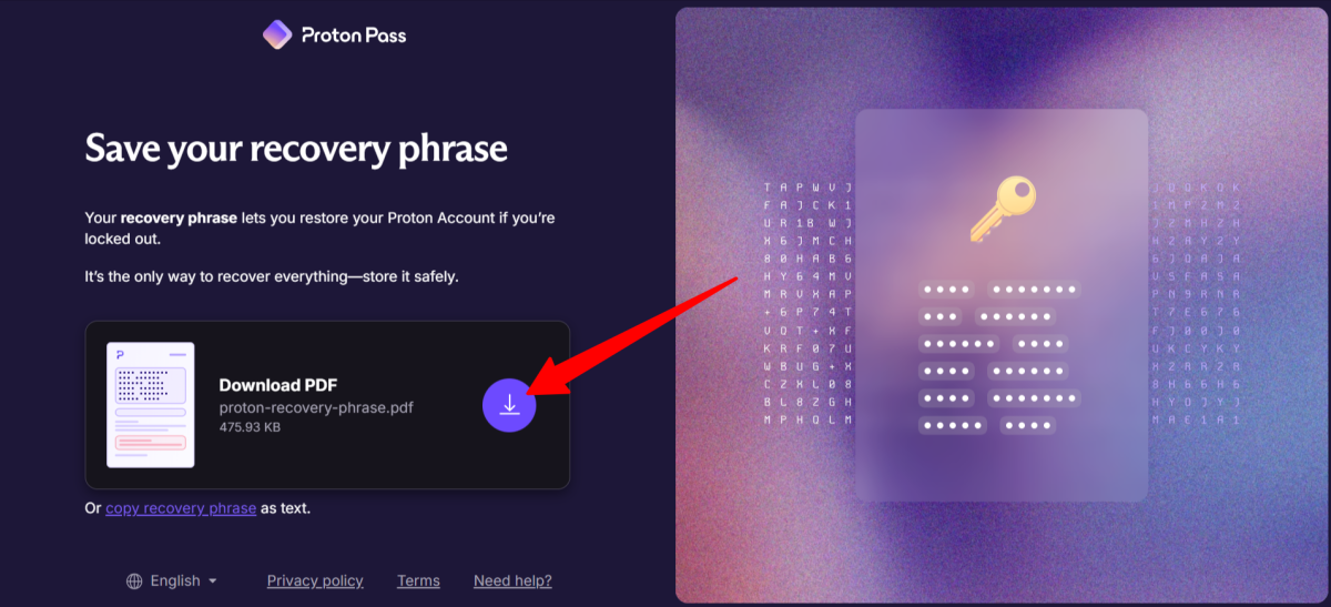 Downloading the Proton Pass recovery phrase.