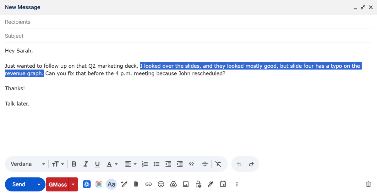 Highlighting text in an email for Wispr Flow to edit.