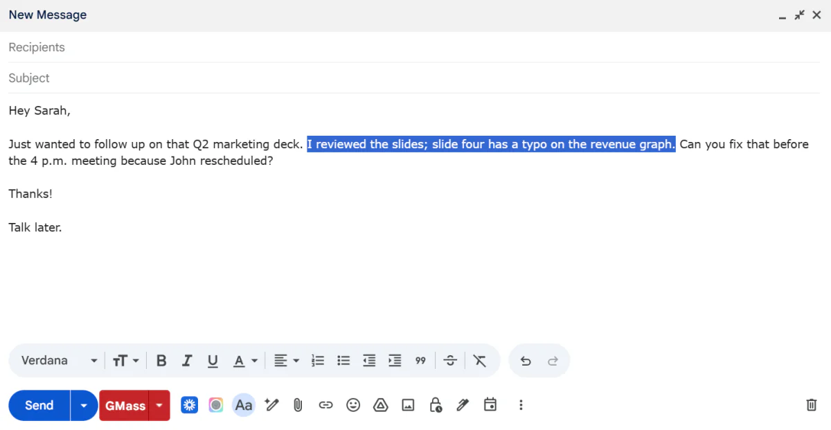 Using Wispr Flow Command Mode to make a sentence more concise.