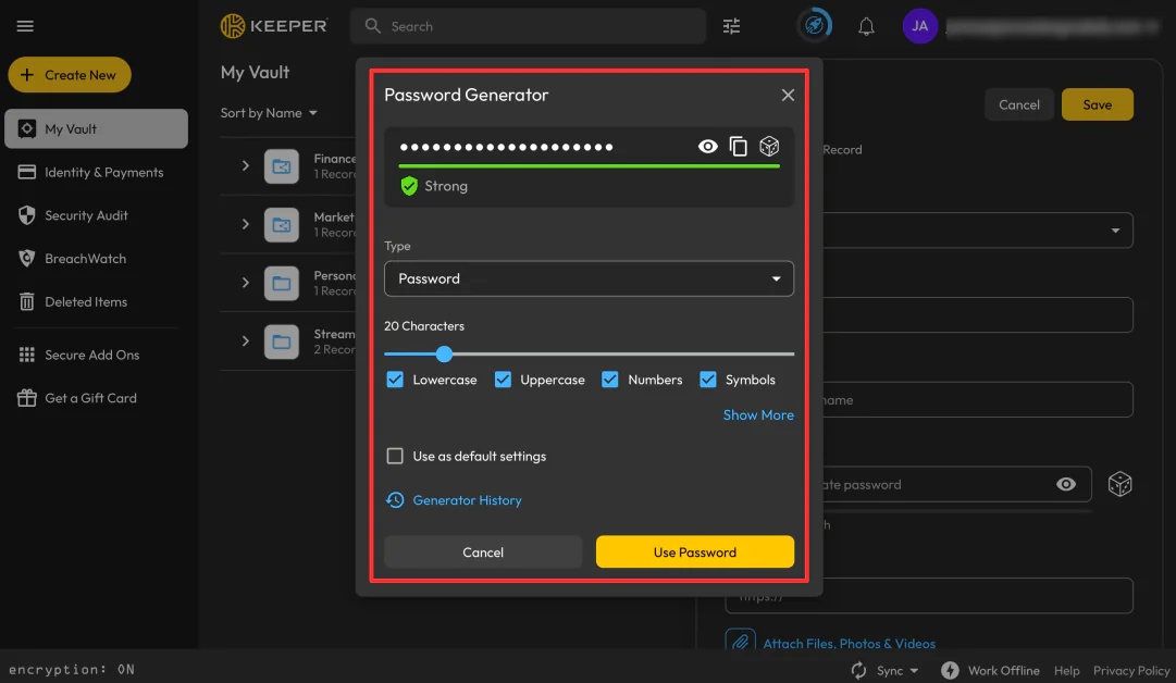Generating a password in Keeper.