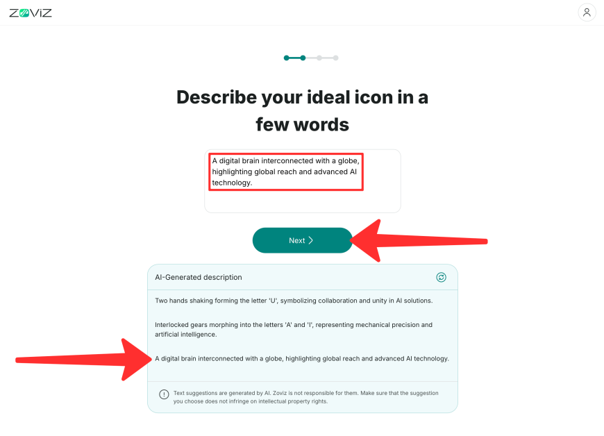 Choosing one of the three AI-generated descriptions suggested by Zoviz.