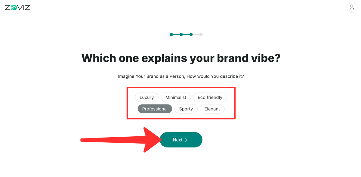 Choosing a brand vibe when designing a logo with AI in Zoviz.