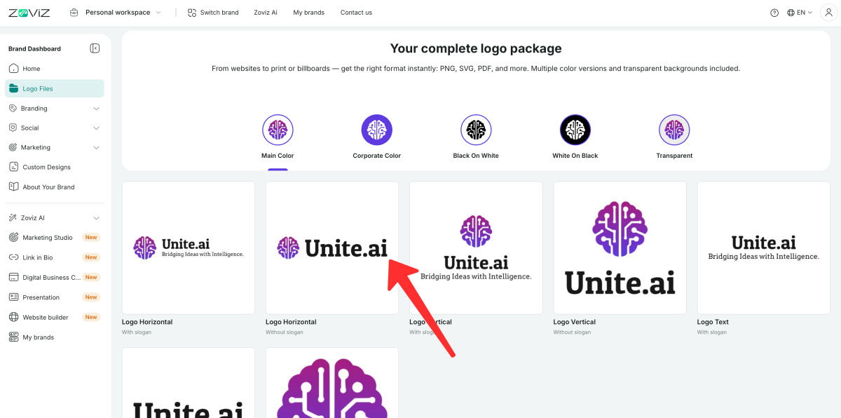 Selecting a logo from the logo package created with Zoviz.