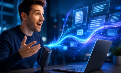 A man speaking into a microphone to type various documents faster.