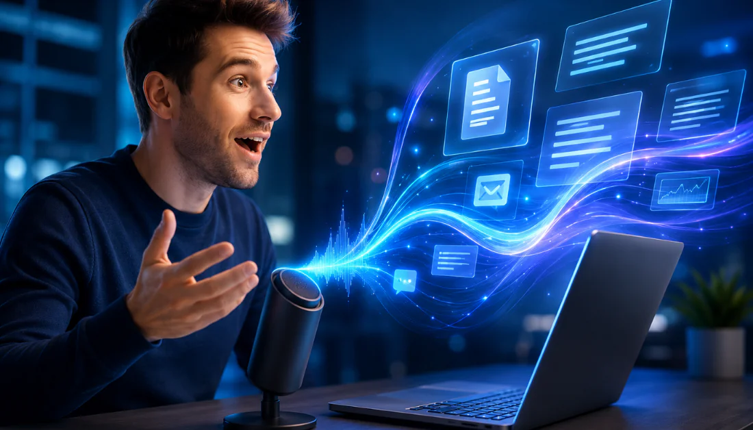 A man speaking into a microphone to type various documents faster.