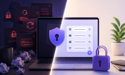 A laptop going from password reset chaos to organized password manager.