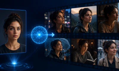 An AI reference-to-video tool featuring a brown-haired woman with remarkably consistent character detail across every frame.