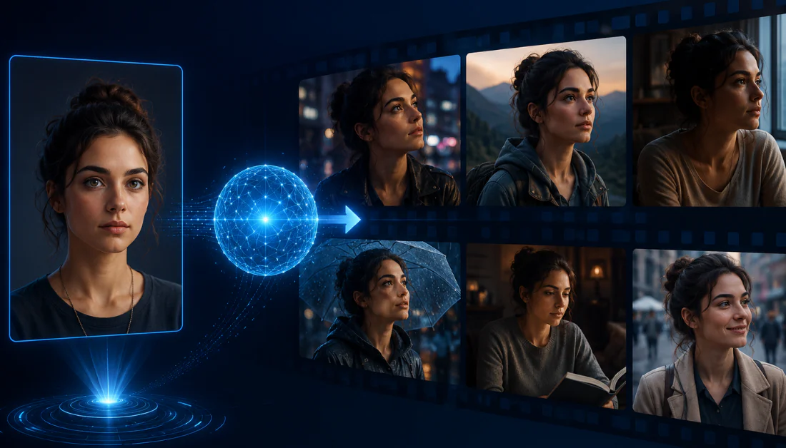 An AI reference-to-video tool featuring a brown-haired woman with remarkably consistent character detail across every frame.