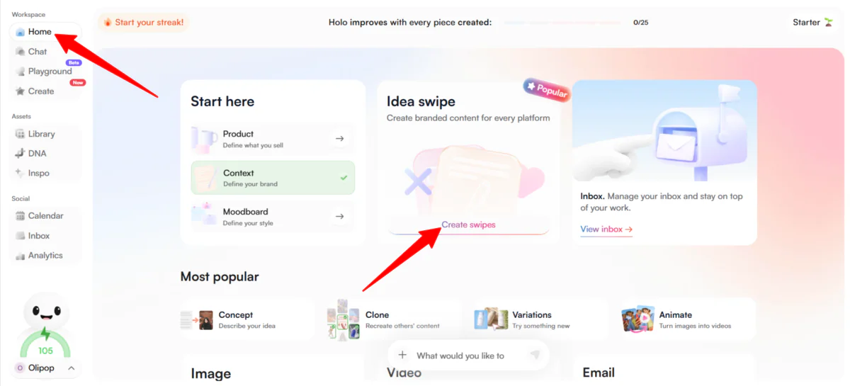 Creating idea swipes in Holo AI.